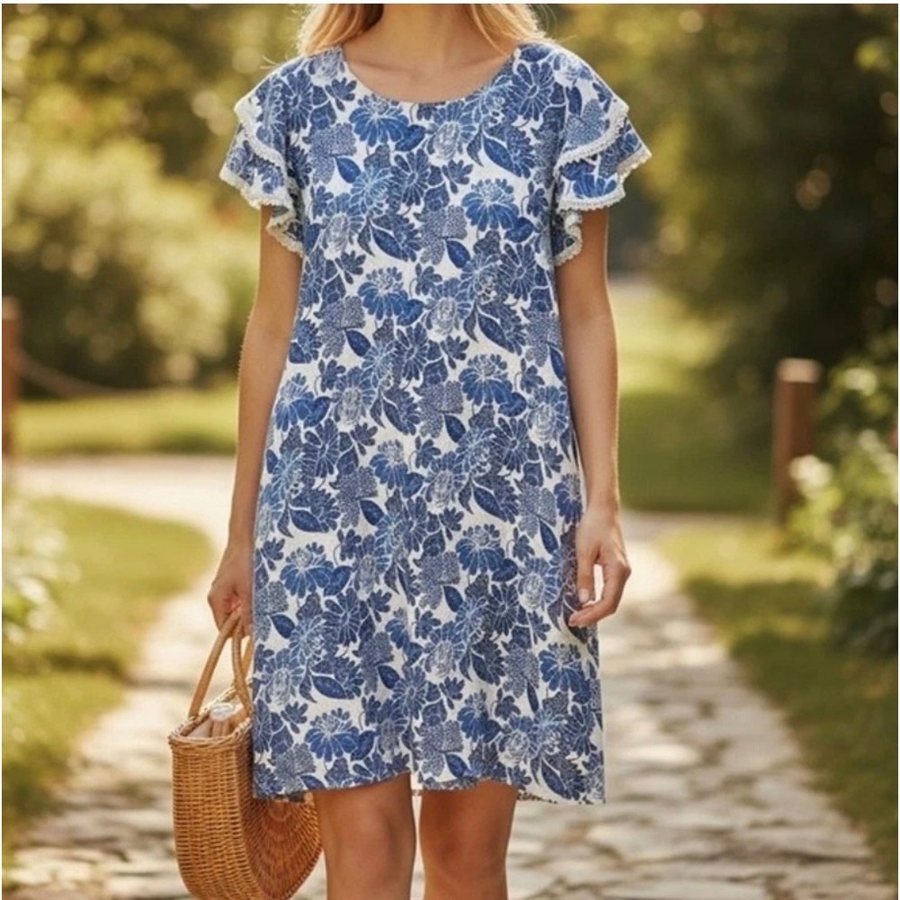 Luisa Perla x Anthropologie Size Large Lace Trimmed Linen Blend Shift Dress